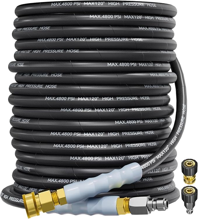 3/8" 4800PSI Pressure Washer Hose 100FT Swivel Quick Connect | Power Washer Hose for Cold/Hot Water Max 248°F, Kink Resistant Steel Wire Braided, Wear Resistant with M22 14mm Adapter