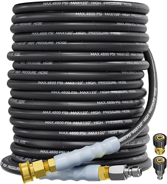 3/8" 4800PSI Pressure Washer Hose 100FT Swivel Quick Connect | Power Washer Hose for Cold/Hot Water Max 248°F, Kink Resistant Steel Wire Braided, Wear Resistant with M22 14mm Adapter