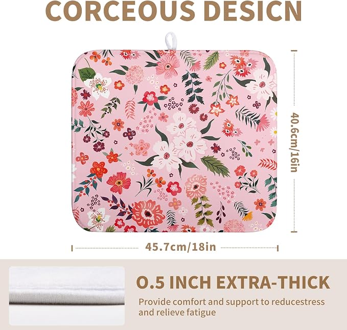 Pink Floral Dish Drying Mat for Kitchen Counter Cute Flower Print Dish Rack Mats Absorbent Microfiber Dish Draining Mat Reusable Washable Large Drainer Pad 16x18 Inch