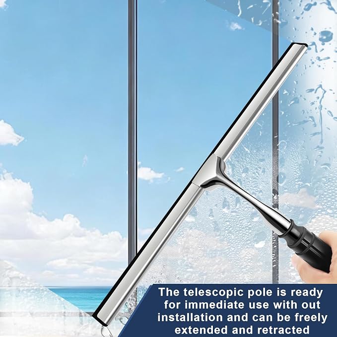 Metal Shower Squeegee with 17'' - 60'' Extension Pole for Window,Glass Door | 12'' Wide Telescopic Shower Squeegee For Tile Shower Walls Cleaner with Long Handle, Window Squeegee With Extension Pole
