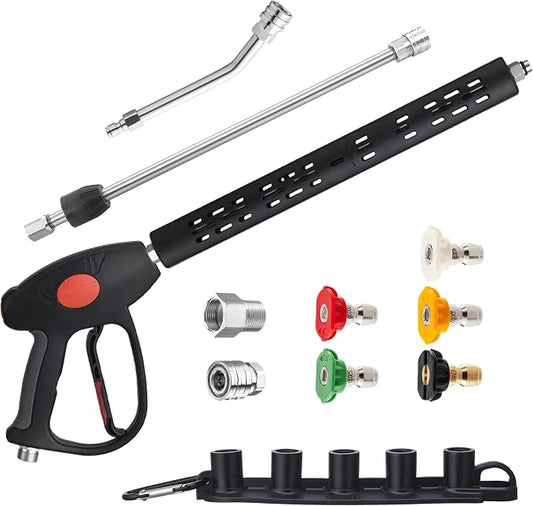 M MINGLE Replacement Pressure Washer Gun with Extension Wand, 30 Degree Curved Rod, M22 15mm or M22 14mm Fitting, 5 Nozzle Tips, 4000 PSI