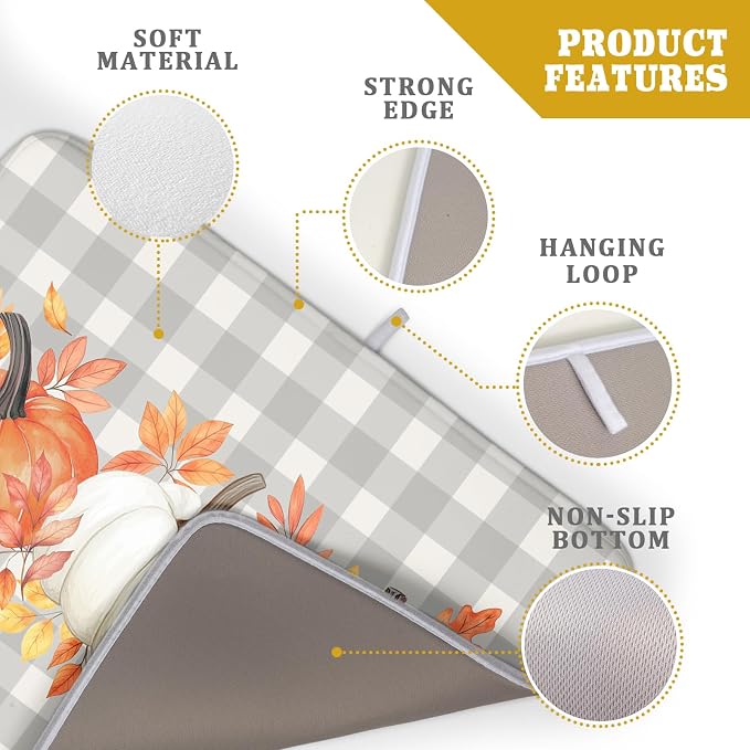 Fall Dish Drying Mat for Kitchen Counter Autumn Orange White Pumpkins Festival Microfiber Absorbent Dish Draining Reusable Washable Foldable Extra Large 18"x24"