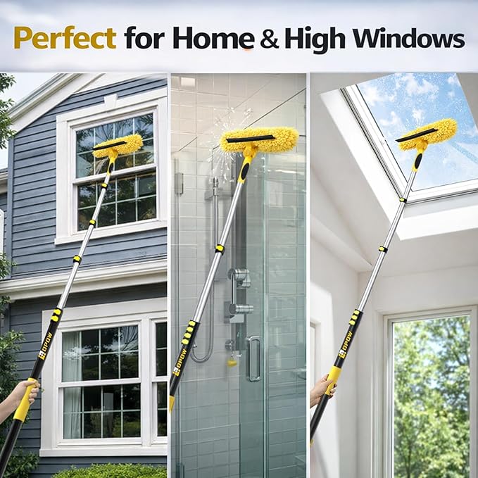 30 Feet High Reach Squeegee Window Cleaner Kit with 5-24Ft Extension Pole | 2 in 1 Window Cleaning Tool w/ 6-Stage Telescopic Pole &Rotatable Head,Window Washing Equipment for Solar Panel,RV,Car Glass