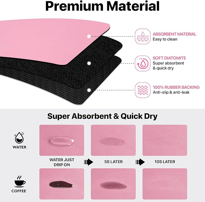 2PCS 12" x 19" Dish Drying Mat & 24" x 5.5" Faucet Mat for Kitchen Sink, Super Absorbent Kitchen Counter Mats & Sink Splash Guard, Easy to Clean Dish Rack Pad for Dishes Countertop, Pink