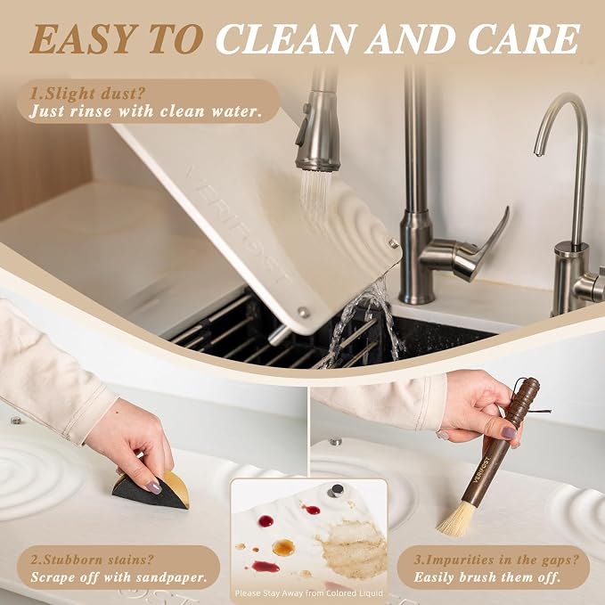VERIFOST Nested Dish Drying Mat with Bamboo Rack for Dishes, 2Pcs Diatomaceous Earth Stone, Fast Stone Drying Mat for Kitchen Counter with Non-slip Feet, Pearl