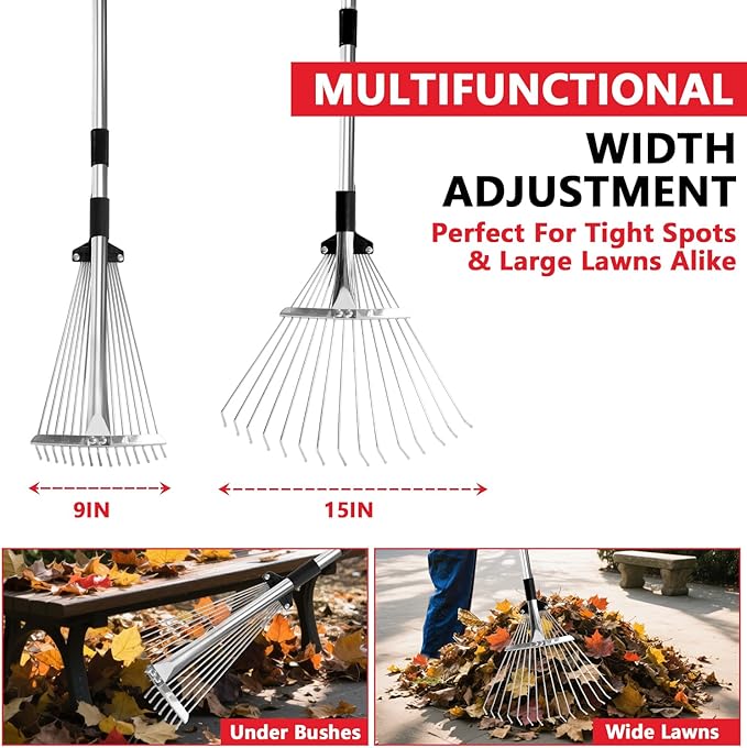 Leaf Rake Adjustable 23" to 75" - Stainless stelel Rake for Leaves, Garden Tools for Yard Lawn Shrub Garden Beds, Rastrillo para Jardin
