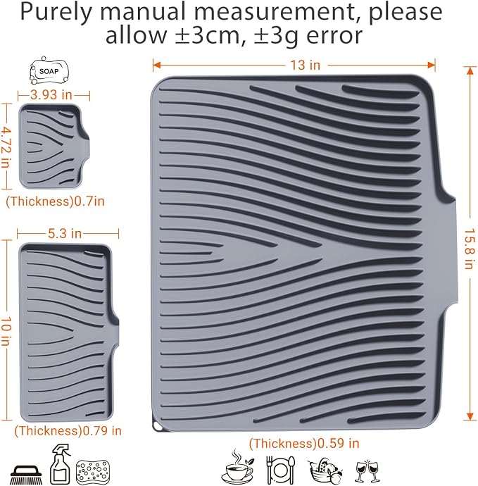 Silicone Dish Drying Mat for Kitchen counter, 15.8"x13" Extra Large Non-Slip Drain Pad with Built-in Drainage, Heat Resistant Dishwasher Safe, Grey