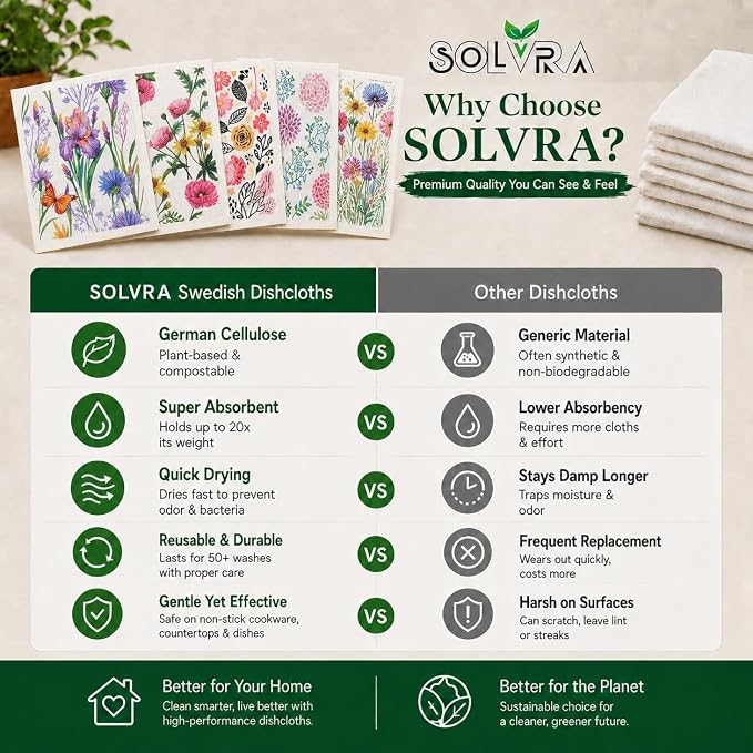 14 PCS Flower Print Swedish Dishcloths for Kitchen 100% Biodegradable, Reusable Cellulose Sponge Cloths Ultra Absorbent, Eco Friendly Cleaning Towels Dishcloths for Washing Dishes & General Cleaning