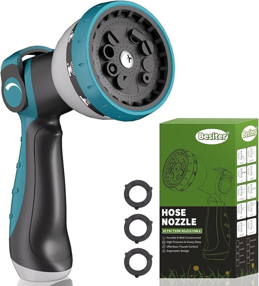 Besiter Hose Nozzle, Garden Hose Nozzle with 10 Spray Patterns, Thumb Control On Off Valve, Adjustable and Heavy Duty for Washing Car, Watering Plants, Washing Pets, and Home Use