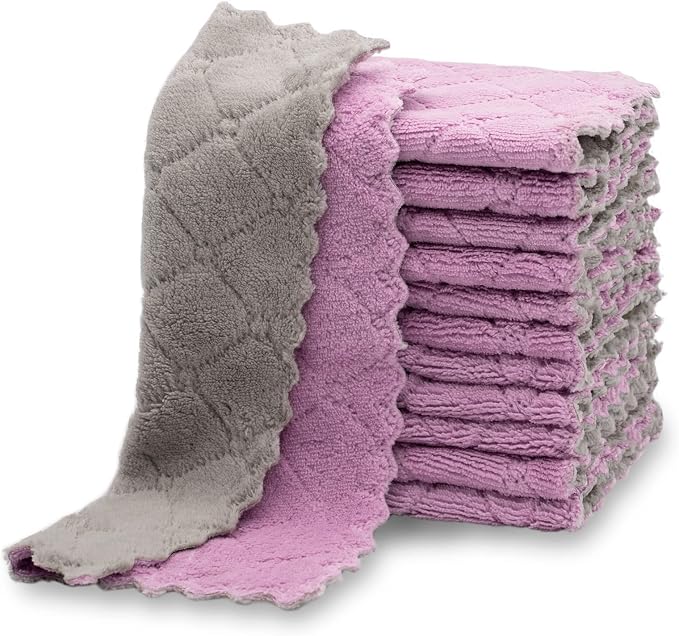 kimteny 12 Pack Dish Cloths for Washing Dishes, Super Absorbent Microfiber Kitchen Dish Rags, Fast Drying Coral Velvet Dish Cloths for Kitchen Counter and Dishes (Purple-Grey)