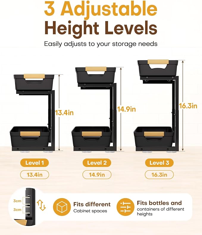 Homde Sliding Under Sink Organizer: 2 Pack 2-Tier Cabinet Shelf with Upper & Lower Pull-Out Baskets - C-Shaped 3 Adjustable Heights for Kitchen Bathroom