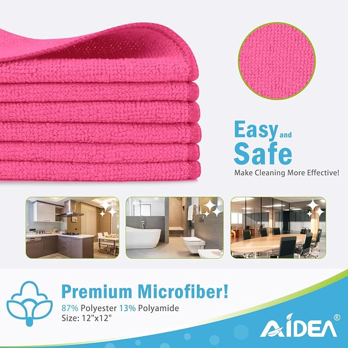AIDEA Pink Microfiber Cleaning Cloth-12PK, Absorbent Cleaning Rags 12"x12" | Microfiber Towels for Cars Lint Free, Shop Towels, Kitchen Towels Pink Stuff Microfiber Towels, Cleaning Towels for Garage