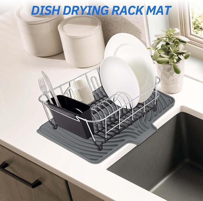 Dish Drying Mat for Kitchen Counter, with Built-in Drain Lip, 18x11.8 inch, Food-Grade Silicone, Easy Clean Pad for Countertop Protection, Heat Resistant, Easy Clean, Multi-Functional Use (Grey)