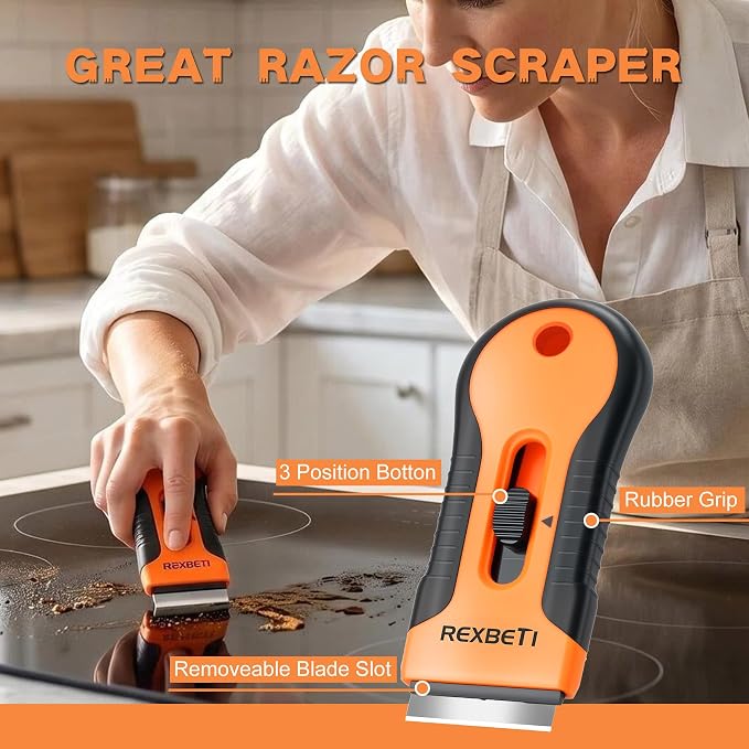 REXBETI Razor Blade Scraper Tool, 2 Pack Razor Scraper Set with Extra 80Pcs Razor Blades -30Pcs Metal and 50Pcs Plastic Blades, Cleaning Scraper Tool, Cooktop, Paint, Glass Scraper