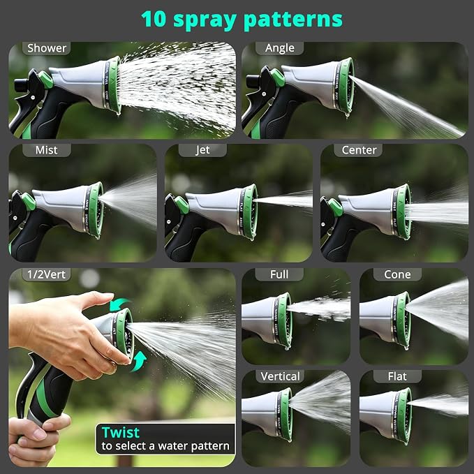 QUOBAS Metal Garden Hose Nozzle, Heavy Duty Water Hose Sprayer, Leak Proof | 10 Pattern Water Nozzle with Rubber Gasket, Garden Sprayer for Watering Plants, Washing Cars, Pet Shower, Green, 2-Pack