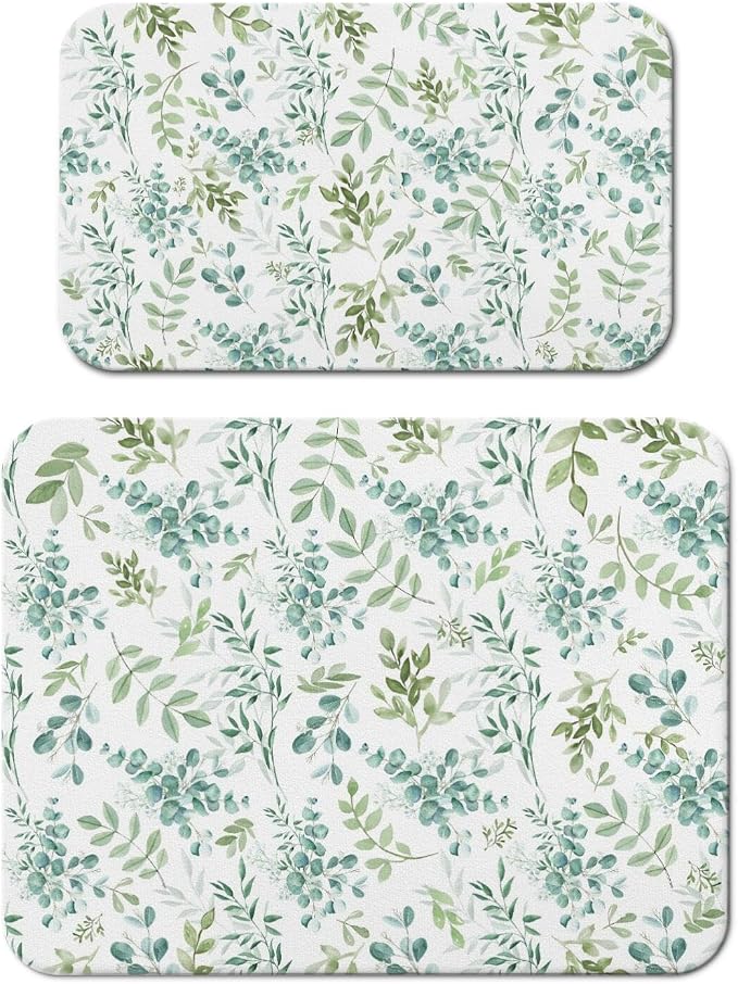 Dish Drying Mat 2-Pack in Green Leaves for Kitchen Counter Dishes Mat | Diatom Mud Mats (18x24, 19.5x12"). Non-slip rubber back for kitchen counter, coffee bar & sink scenes