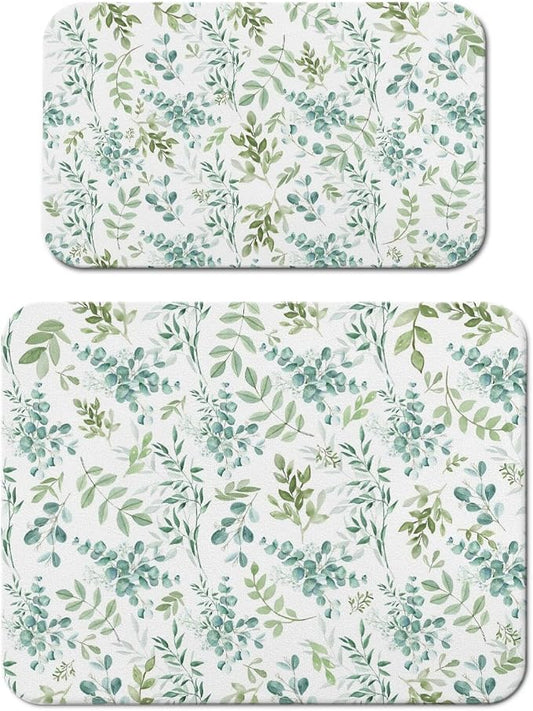 Dish Drying Mat 2-Pack in Green Leaves for Kitchen Counter Dishes Mat | Diatom Mud Mats (18x24, 19.5x12"). Non-slip rubber back for kitchen counter, coffee bar & sink scenes