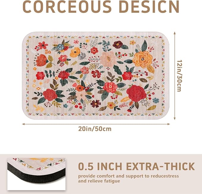 Vintage Floral Dish Drying Mat 12x20 Inch, Dish Mat Drying Kitchen Mats for Extra Large Absorbent Countertop, Aesthetic Boho Drying Matt Kitchen Counter Washable Heat Resistant Dish Drainer Rack Mat