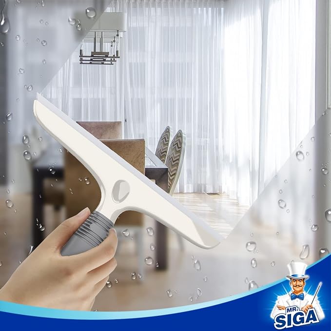 MR.SIGA Silicone Squeegee for Shower Doors, 10 inch, White & Gray, 2 Pack | Shower squeegee for glass doors, streak free squeegee for windows, showers and glass surfaces, includes suction hook