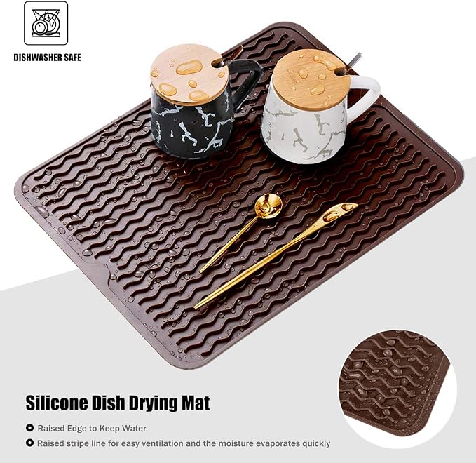 Large 24" x 18" Silicone Dish Drying Mat for Kitchen Counter, Easy clean, Quick Dry, Heat-resistant Dish Drainer Mat for Sink,Refrigerator or Drawer liner (Food Grade Silicone-Coffee)