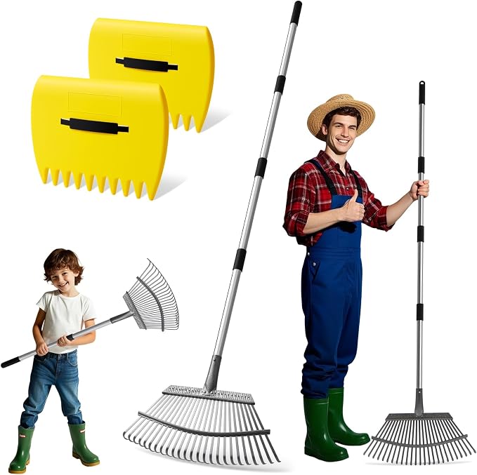 2-in-1 Leaf Rake Set with Leaf Scoops, 25-Tine Garden Rake and Grabber for Leaf Cleanup & Picker Up, Adjustable Long Handle, Wide Metal Head for Garden‌, Yard, Soil, Weeds‌, Grass, Camping