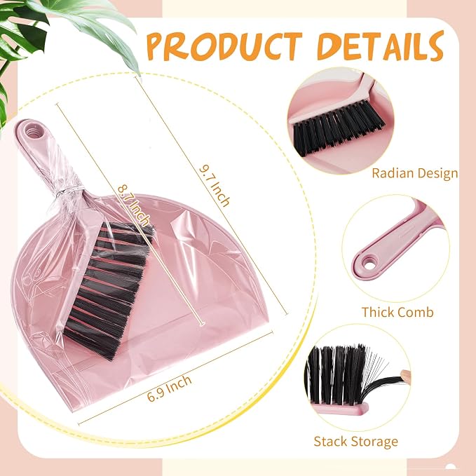 Sliner 18 Pack Mini Dustpan Brush Set Small Broom Set Bulk,Pink | Nesting Snap Plastic Dust Pans with Brush, Small, Handheld, Portable, Cleaning, Suitable for Desktop Pets Care Camping