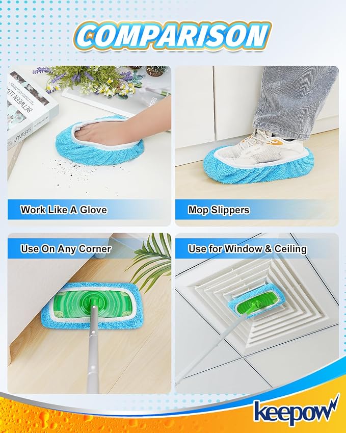 KEEPOW 6 Pack Reusable Mop Pads Compatible with Sweeper Mop, Blue | Premium Microfiber Replacement Pads for Wet & Dry Floor Cleaning, with Mesh Laundry Bag
