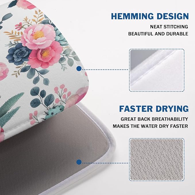 Spring Floral Dish Drying Mat for Kitchen Counter Spring Summer Flowers Kitchen Dish Drying Pad 18”x24” Absorbent Reversible Watercolor Flowers Dishes Drainer Pad Dish Drying Rack Mat for Countertop