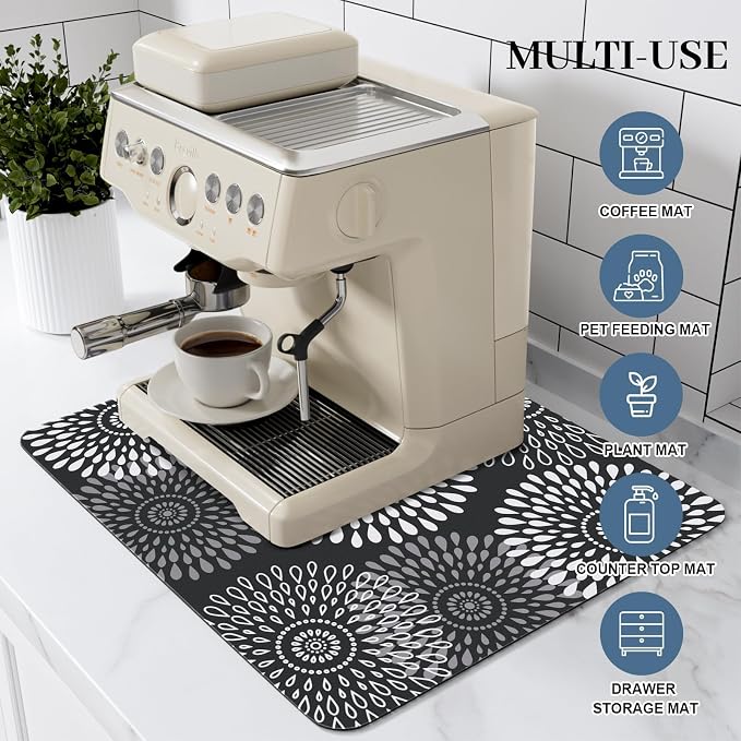 LuxStep Dish Drying Mat Super Absorbent Kitchen Counter Mat Rubber Backing Draining Mat Easy to Clean Kitchen Accessories Dish Rack Pad for Dishes, Utensils, Countertops, Sinks 15" x 18" Black
