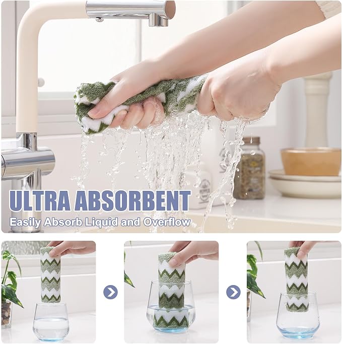 Homaxy 12 Pack Kitchen Dish Cloths, Ultra Soft and Absorbent Dish Towels, Reusable Fast Drying Microfiber Cleaning Cloth, Double Waves Coral Velvet No-lint, 10 x 10 inches, Blue/Green/Pink