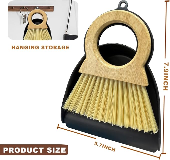 Mini Broom and Dustpan Set - Compact Bamboo Handle Cleaning Kit with Mini Dustpan Brush for Countertops, Tables, Desks - Small Dust Pan and Broom Combo for Tiny Spaces (Black)