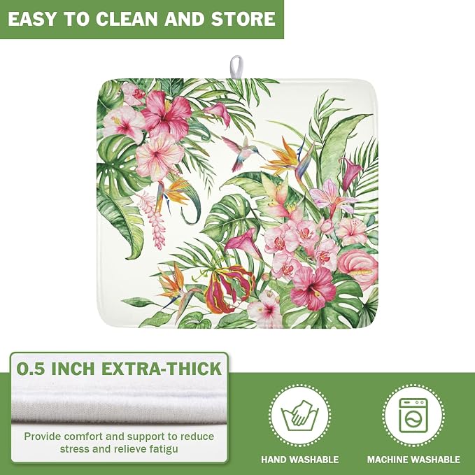 Floral Hibiscus Dish Drying Mat for Kitchen Counter 16x18 Inch | Floral，Polyester，Absorbent Microfiber，for Coffee Dining Bar Decor