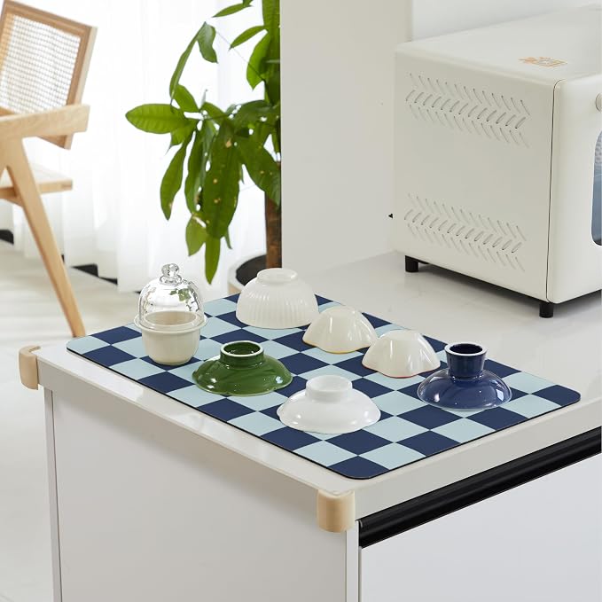 Ohocut Navy Blue Checkered Dish Drying Mat for Kitchen Counter, Coffee Bar Station Accessories, Retro Cute Aesthetic Modern Absorbent Drainer Mat Kitchen Drying Mat Easy Clean (Ocean, 24" x 16")