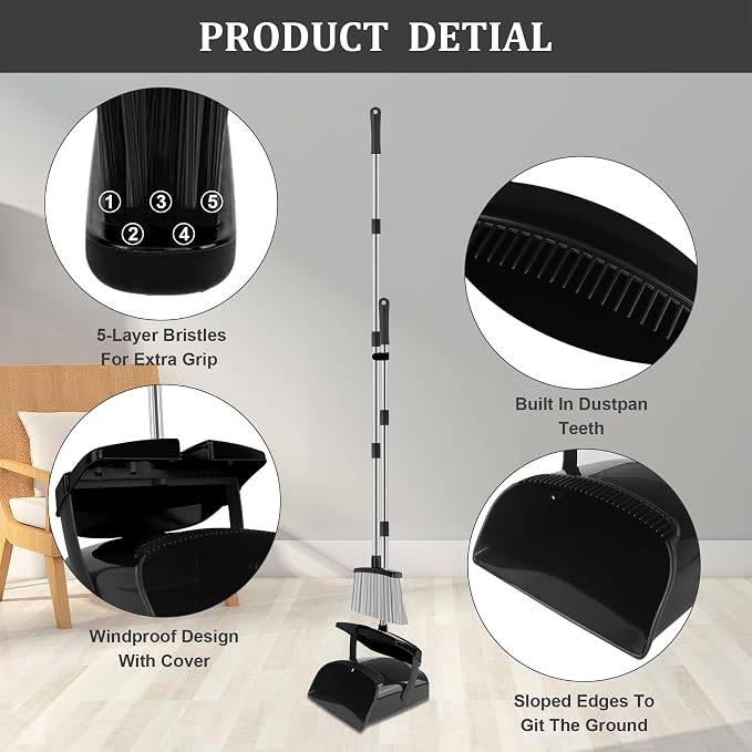 Broom and Dustpan Set, 51" Long Handle Broom with Dustpan Combo Set, Windproof Standing Dust pan with Self-Cleaning Teeth, Household Set Sweep Kitchen Office Lobby Pet Room