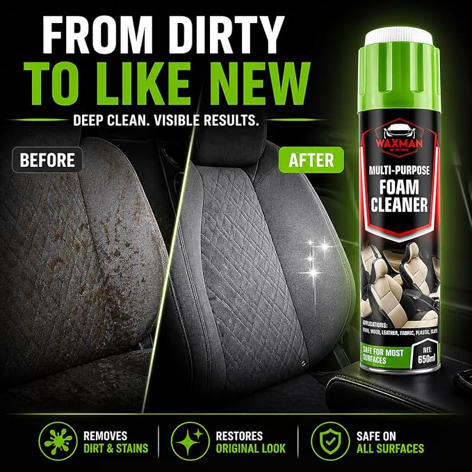 Car Interior Foam Cleaner with Soft Brush Cap – Multi-Purpose Deep Cleaning Foam Spray for Leather, Vinyl, Fabric, Plastic – Safe Non-Drip Formula, Fresh Scent, 22 oz