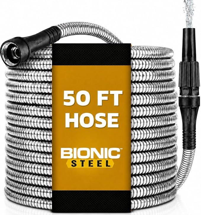 BIONIC STEEL 50 Ft Metal Garden Hose with Sprayer Nozzle | Non Kinking Design, Stainless Steel Heavy Duty Water Hose 50Ft x 5/8 in. Flexible & NON Expandable for Water Flow, 500 PSI