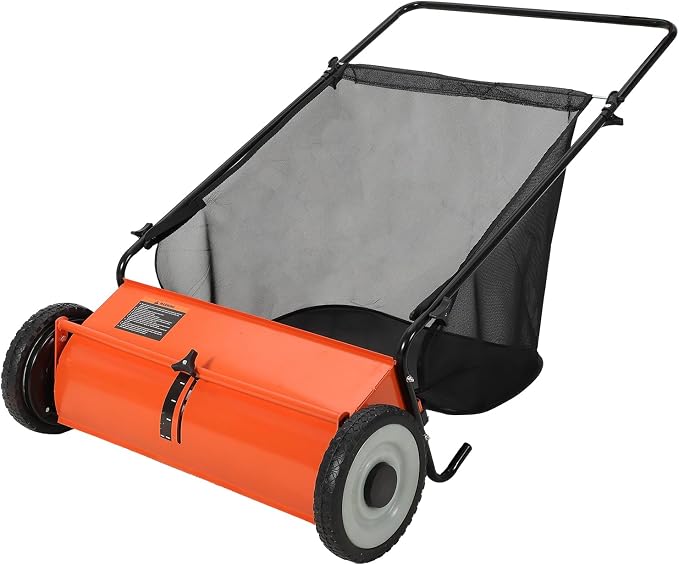Garvee 21 Inch Push Lawn Sweeper, 3.5 Cu. Ft. Hopper Capacity Grass Sweeper, Manual Push Yard Sweeper with Height Adjustment & 4 Fast Spinning Brushes for Grass Clippings, Leaves & Debris, Orange | Manual Push Yard Sweeper with Height Adjustment & 4 Fa...