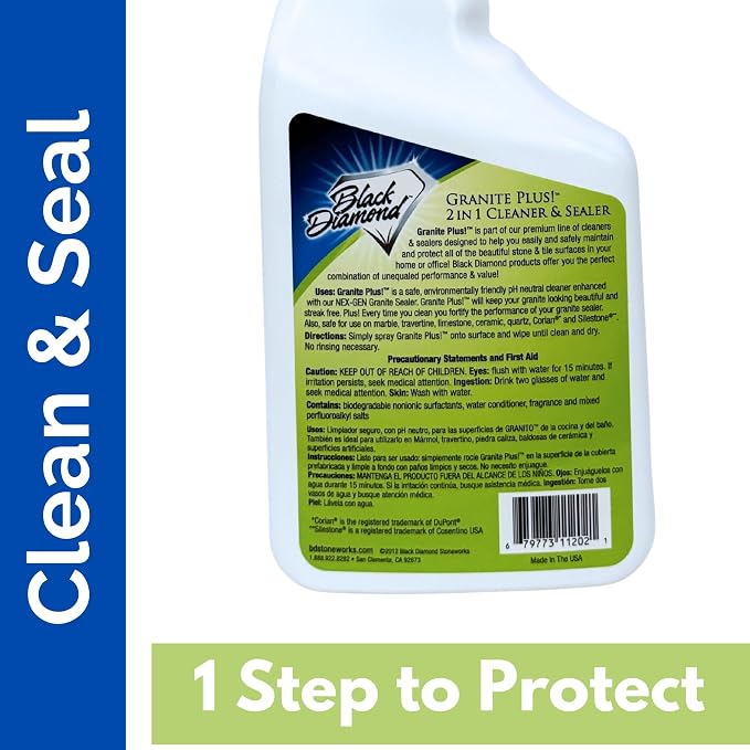 Black Diamond Stoneworks Granite Plus 2-in-1 Cleaner & Sealer, pH Neutral, Streak-Free Stone Cleaner for Granite, Marble, Quartz, Travertine & Limestone Countertops, Ready to Use, 32 Fl Oz