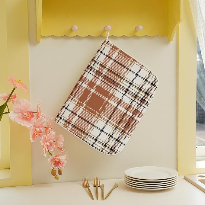 Fall Checkered Dish Drying Mats 18x24 Inch Autumn Burnt Brown Grey Buffalo Plaid Drying Mats Holiday Thanksgiving Dish Drying Pad Dish Rack Drainer Mats for Kitchen Dining Room Counter Decor
