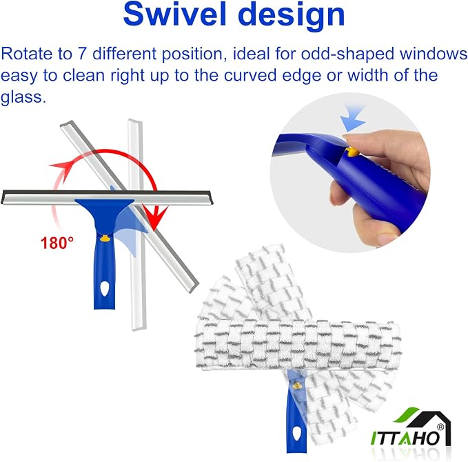 Window Squeegee with Extension Pole, Separate 12" Squeegee & 11" Microfiber Scrubber Heads, Window Cleaning Kit for Hard-to-Reach Windows, Shower Doors, Car Windshields, Indoor Outdoor-2 Pads