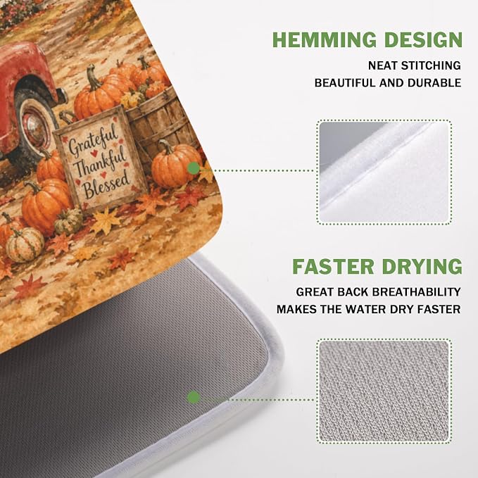 Fall Pumpkin Dish Drying Mat for Kitchen Counter Thanksgiving Autumn Harvest Pattern Microfiber Dish Drainer Mat Vintage Rustic Farmhouse Absorbent Washable Drying Pad 16"x18"