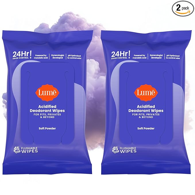 Lume Acidified Deodorant Wipes - 24 Hour Odor Control - Whole Body Deodorant Wipes - Aluminum Free, Baking Soda Free, Skin Loving - Flushable - 45 Count - 2 Pack (Soft Powder)