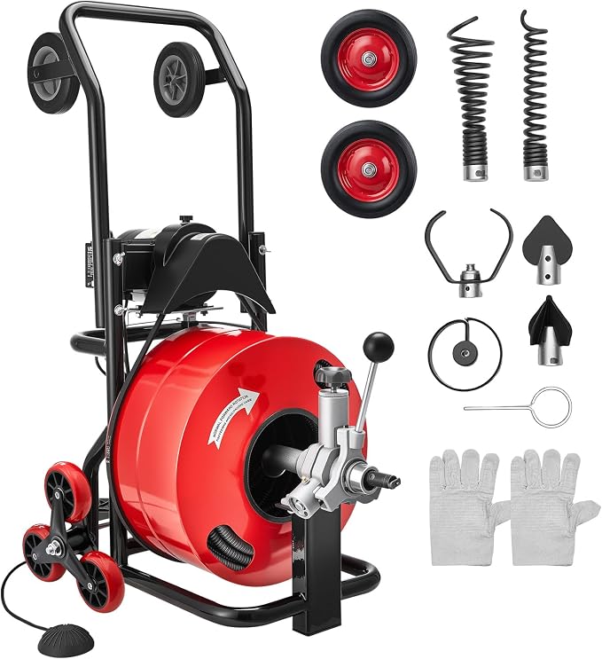 VEVOR Drain Cleaner Machine 100 FT x 3/4 Inch, Auto Feed Sewer Snake Auger, Portable Drain Cleaning Machine with Multi-Wheel Combination, 6 Cutters & Air-Activated Foot Switch for 4" to 8" Pipes