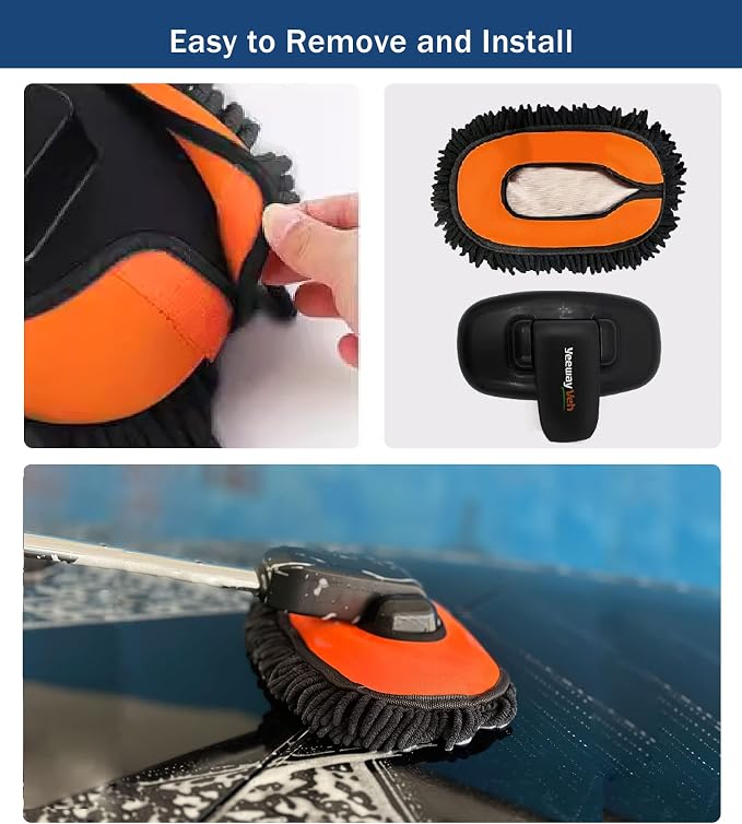 YeewayVeh Car Wash Brush Replacement Cover, Microfiber Mop, Orange | Compatible with 55" Long Handle Car Wash Mop, Universal Size, Detachable & Machine Washable