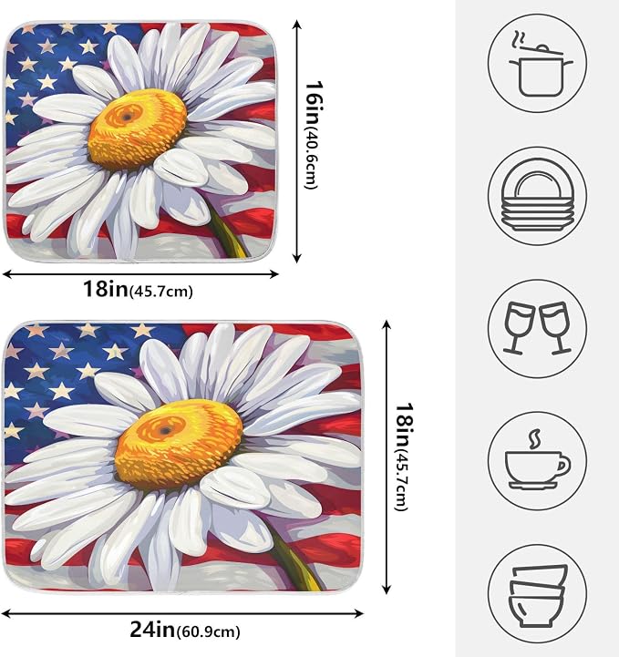 Daisy Flowers and American Flag Dish Drying Mat for Kitchen Ccounter Absorbent Microfiber Small Drying Pad Dish Mats for Kitchen Countertops 16 x 18 Inch