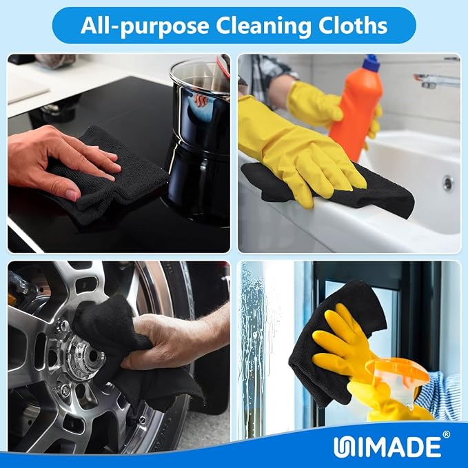 UNIMADE Microfiber Cleaning Cloth, 20 Pack Reusable Microfiber Towels for Cars Lint Free Cleaning Shop Towel Rags for Home Kitchen Automotive Bar Mechanic Restaurant Garage, 11.5"x 11.5", Black