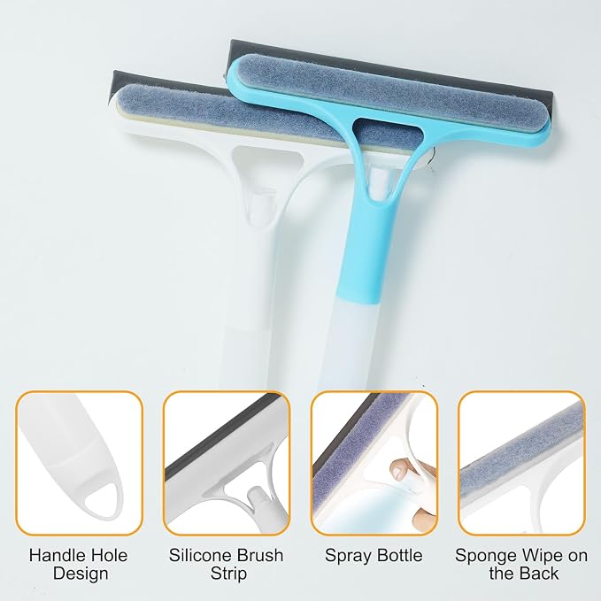 3-in-1 Spray Window Squeegee with Scraper and 2 Cotton Pads, Blue | Spray, wipe, and squeegee glass with one handheld tool; includes two replaceable cotton cleaning strips