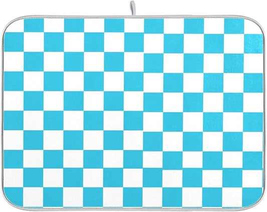 Turquoise Chessboard Dish Drying Mat for Kitchen Countertop 18x24 Teal Plaid Checkered Rectangle Large Drying Mat Reusable Quick Dry Dish Sink Absorbent Mats Easy Clean Decorative Home Essentials