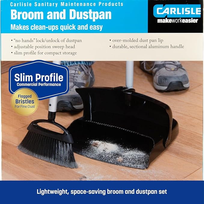 Carlisle FoodService Products Broom with Dustpan Combo Set – DuraPan, Adjustable Broom and Dustpan Set, Lightweight Metal and Plastic Design, 36", 4 Pack, Black