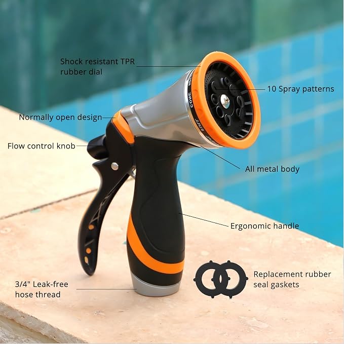 QUOBAS Metal Garden Hose Nozzle, Heavy Duty Water Hose Sprayer, Leak Proof | 10 Pattern Water Nozzle with Rubber Gasket, Garden Sprayer for Watering Plants, Washing Cars, Pet Shower, Orange, 2-Pack